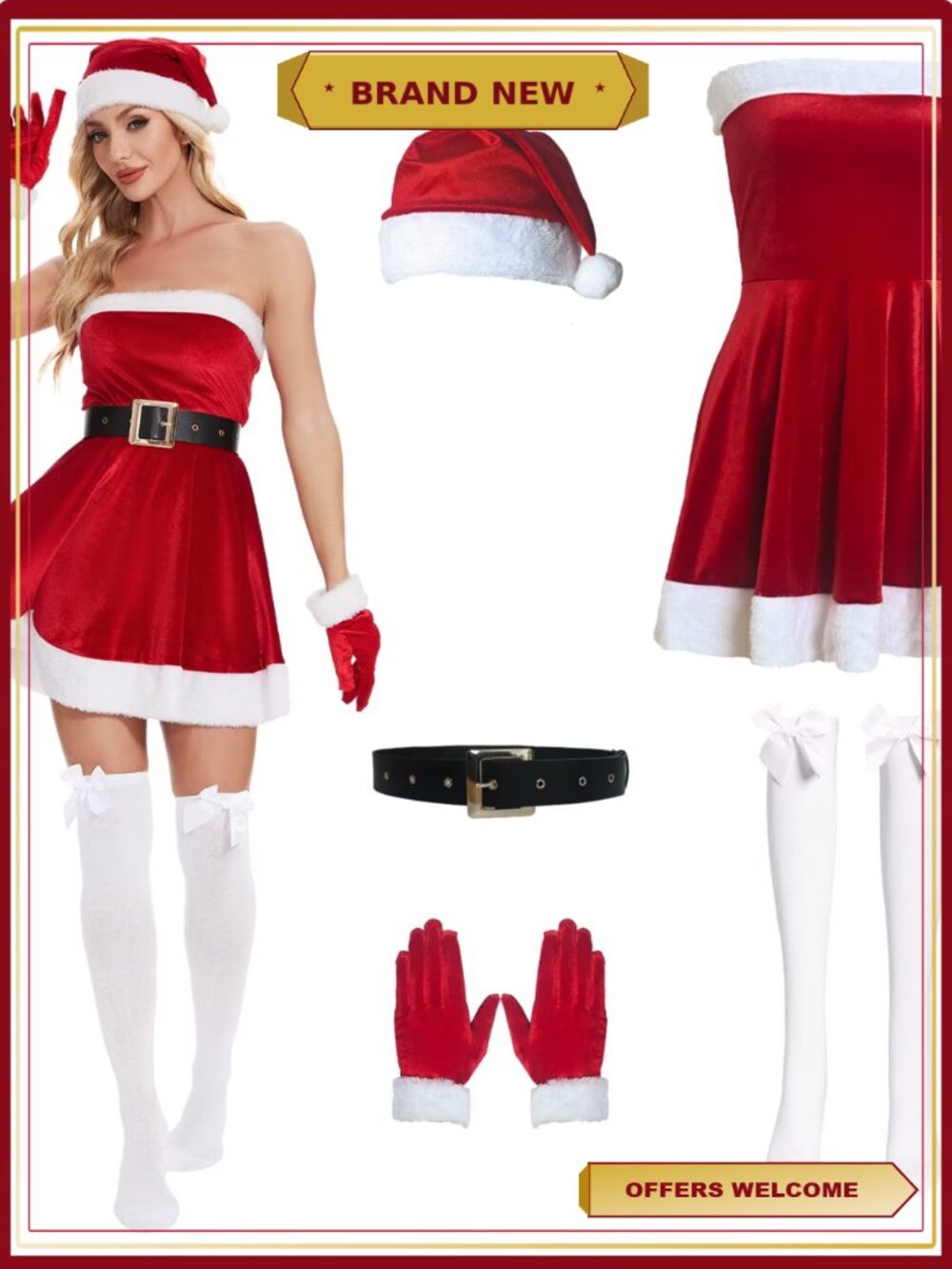 Women's Mrs. Claus Santa Costume 5 Pcs Christmas Dress Red Holiday Cosplay